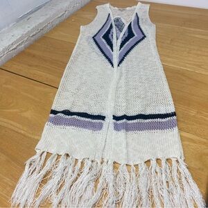 Women’s Sequin Hearts Fringe Crochet  Sweater Duster Vest Size L Beige